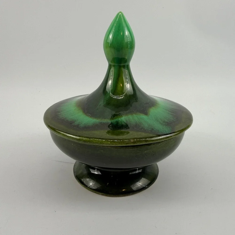 DeForest of California Green Drip Glaze Covered Pedestal Candy Dish w Lid